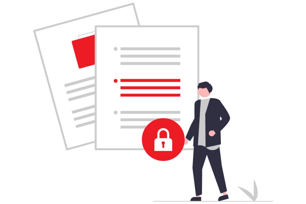 Illustration of a character looking at oversized legal documents with a lock icon