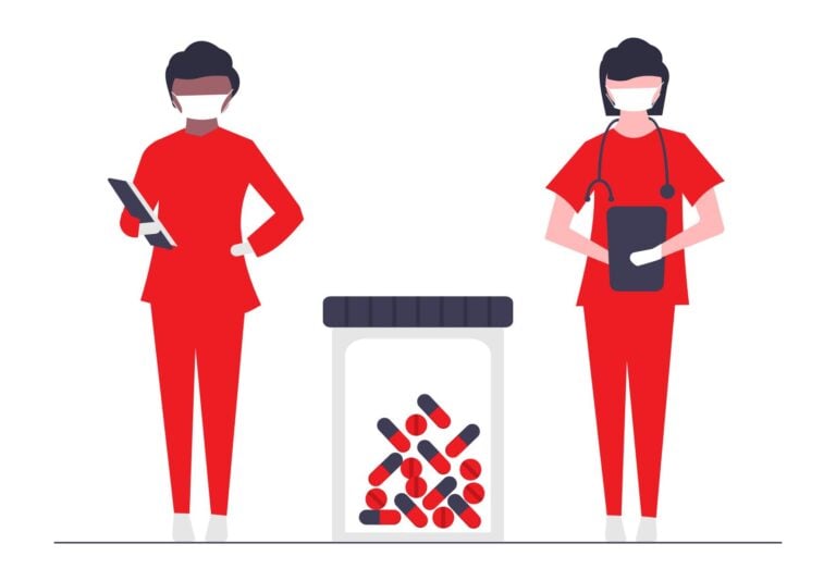 Illustration of two medical personnel with a prescription pill bottle