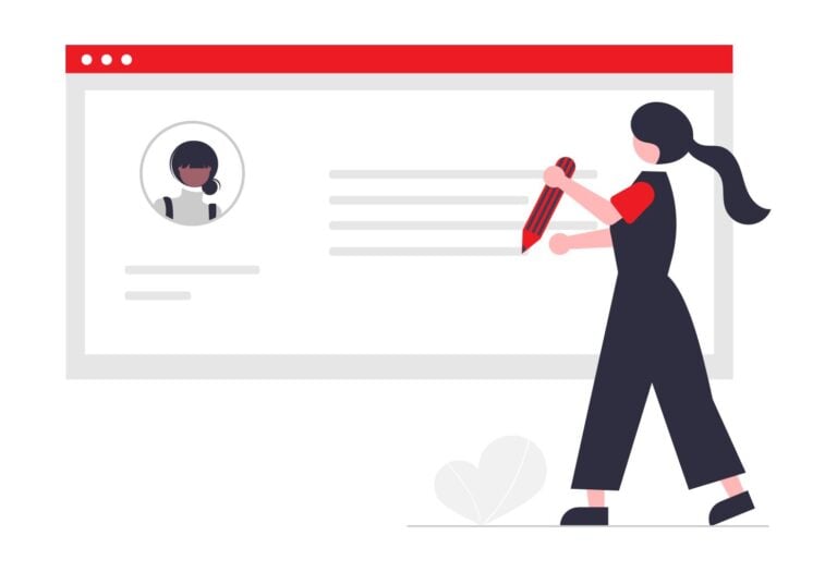 Illustration of a woman with an oversized pencil writing a social media comment