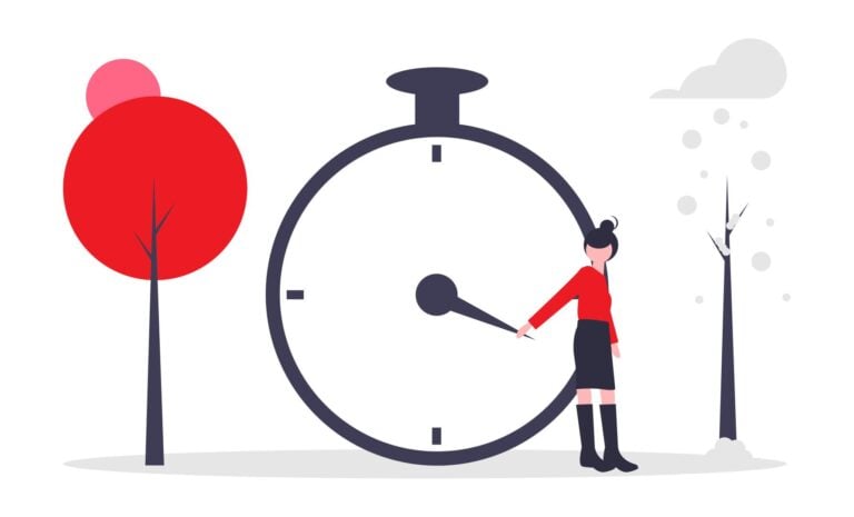 Minimalist illustration of woman and clock with changing seasons
