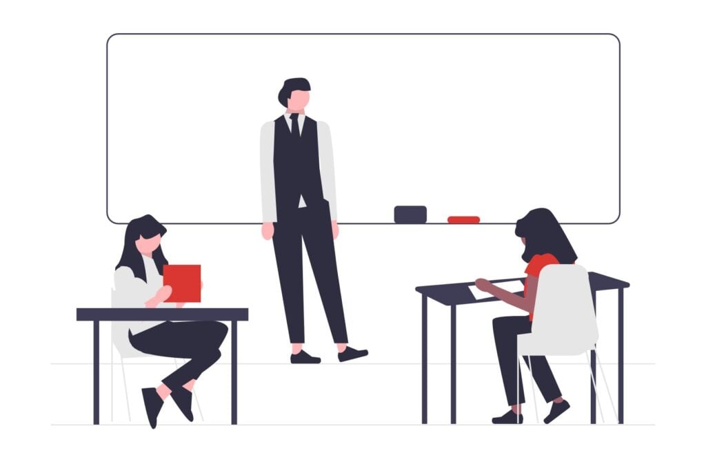 Illustration of an educator at a white board with two students at desks