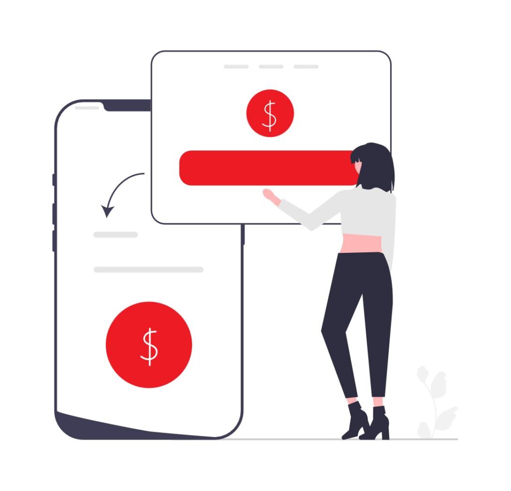 Illustration of a woman looking at a screen showing a pay reduction, representing a wage cut that could lead to a constructive dismissal claim in Ontario.