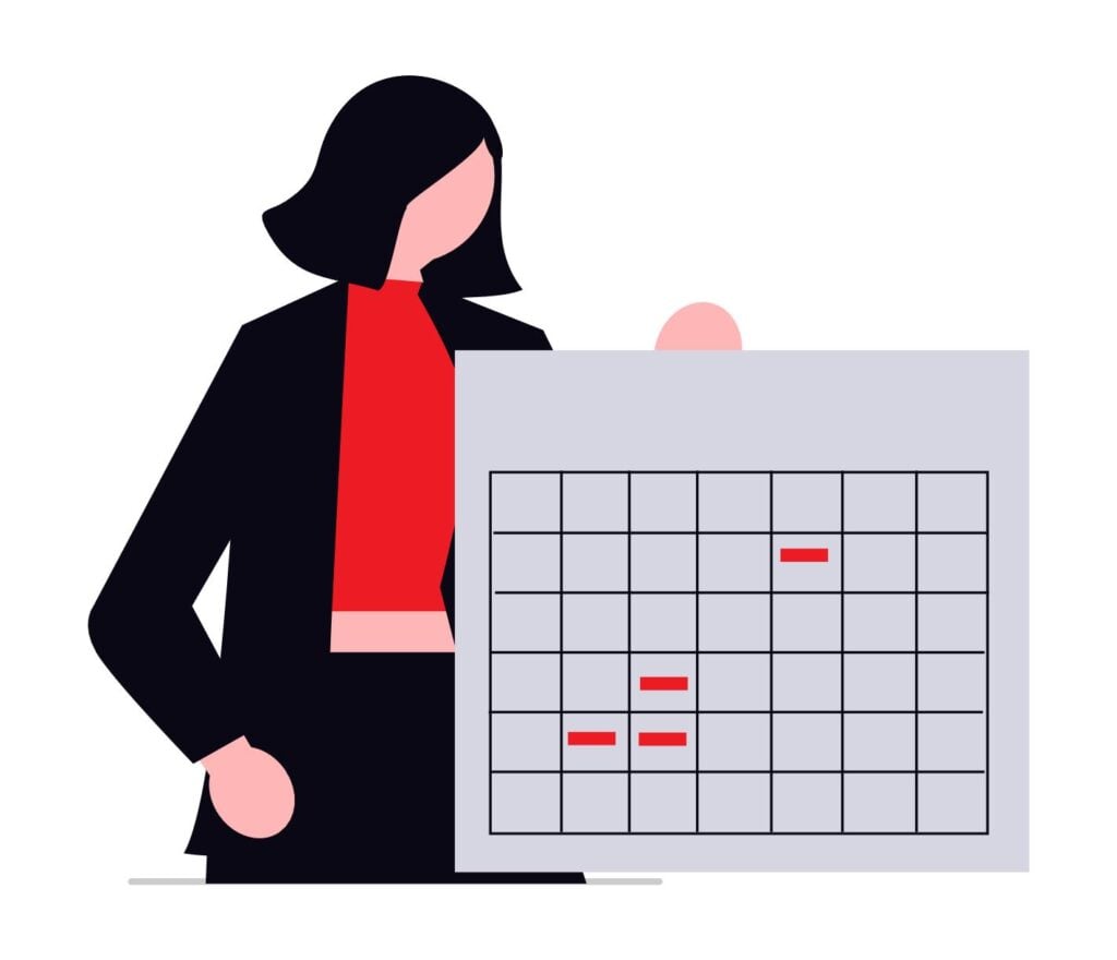 An illustration of a person in a black suit and red shirt holding a large calendar that has several dates marked with red bars.