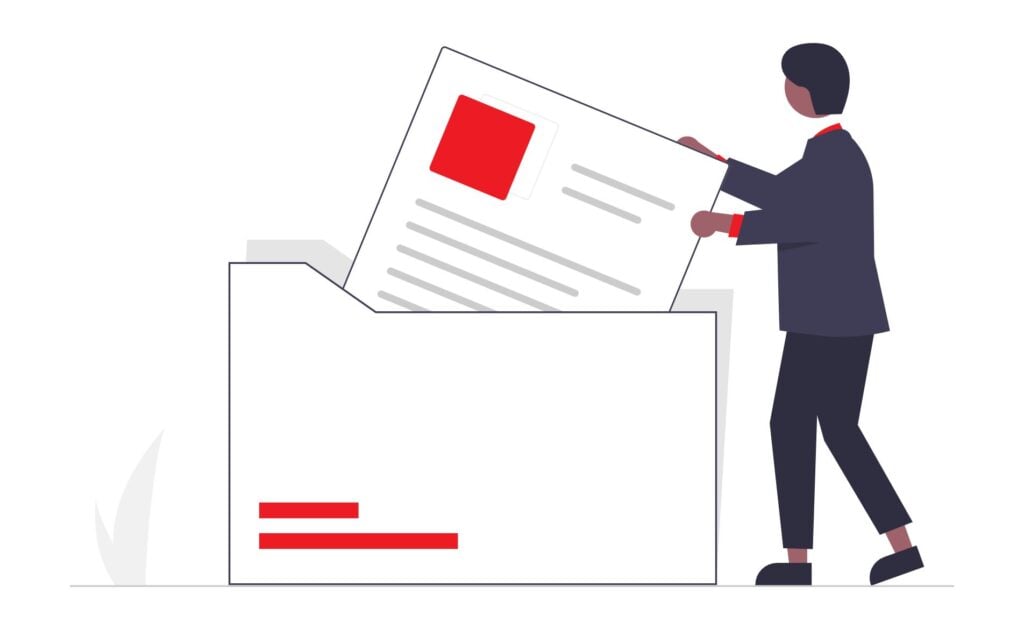An illustration depicts a person in a suit placing a document with red and gray elements into a large white folder or box. There are also red and gray lines on the front of the folder.