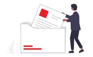 An illustration depicts a person in a suit placing a document with red and gray elements into a large white folder or box. There are also red and gray lines on the front of the folder.