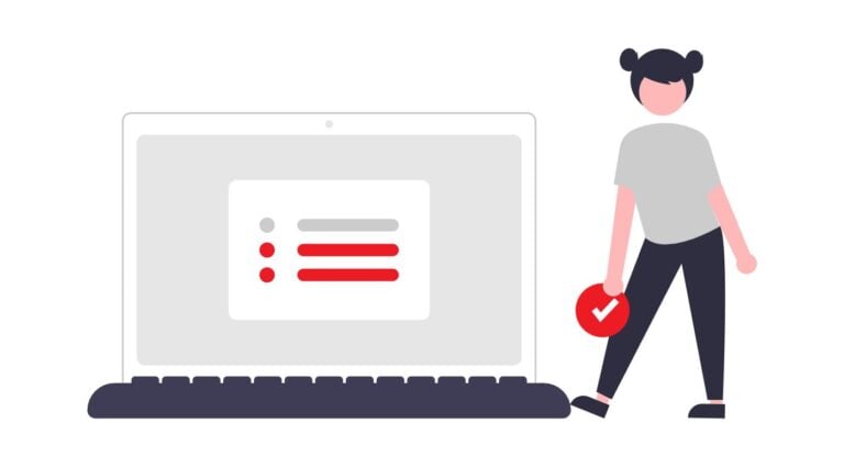 An illustration of a person standing next to a large open laptop screen that displays a checklist. The person is holding a red circle with a white checkmark icon.