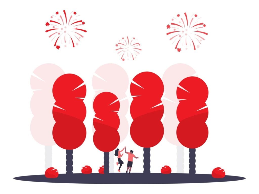 people jumping and high-fiving in a park-like setting under red and white stylized trees with red fireworks exploding in the sky.