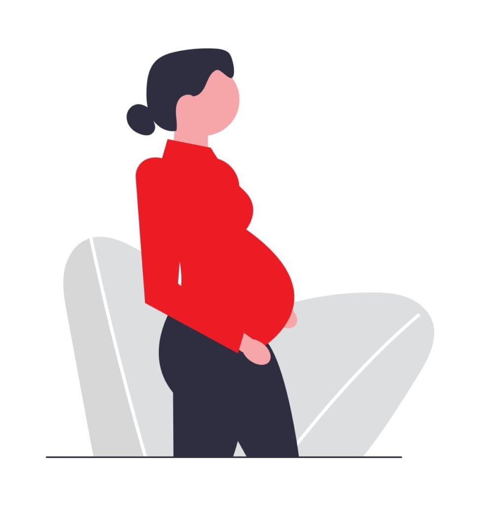 An illustration of a pregnant woman in a red shirt, representing an employee's statutory rights to pregnancy and parental leave under Ontario's Employment Standards Act.