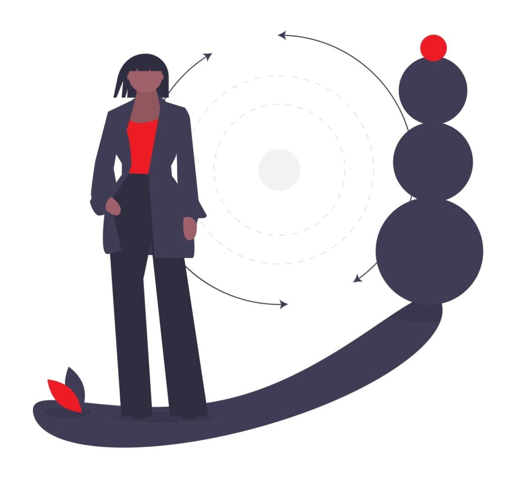 An illustration of a professional standing next to a path and circular milestones, representing the career journey and probationary period for an employee in Ontario.