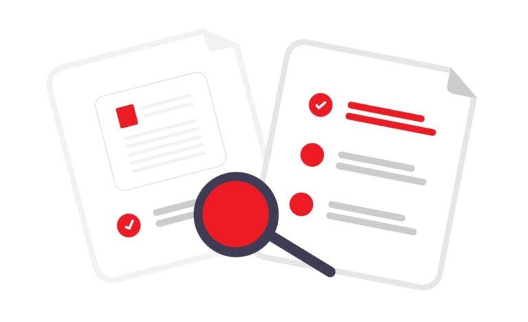 An illustration of a magnifying glass examining legal documents and checklists, representing a workplace investigation process in Ontario.