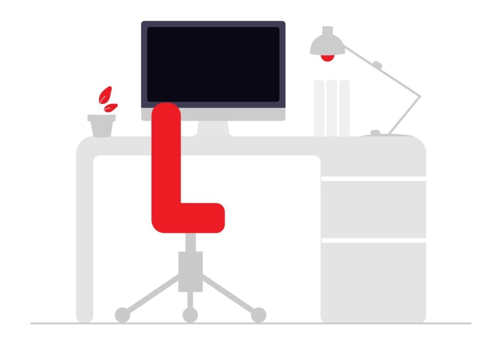 Minimalist illustration of an empty office desk with a red chair and a computer monitor, symbolizing an out-of-office or terminated employee status.