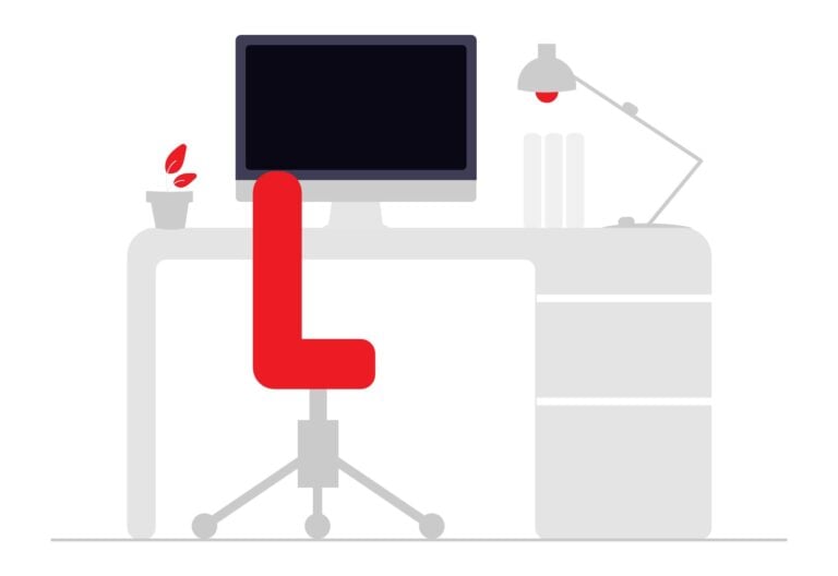 Minimalist illustration of an empty office desk with a red chair and a computer monitor, symbolizing an out-of-office or terminated employee status.
