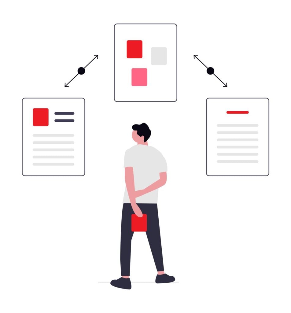 A flat illustration of a person standing from behind, reviewing three different legal documents or employment contracts floating above them, representing the process of comparing legal options or termination clauses.