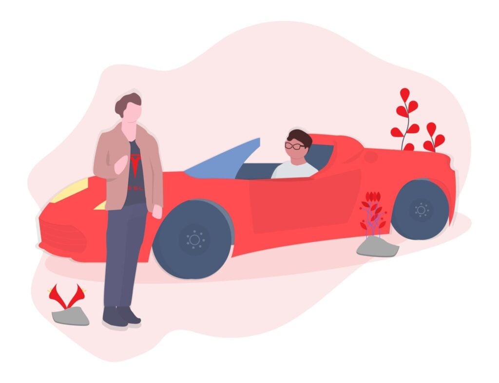 An illustration of two people with a red sports car, featuring red decorative plants and a soft pink background.