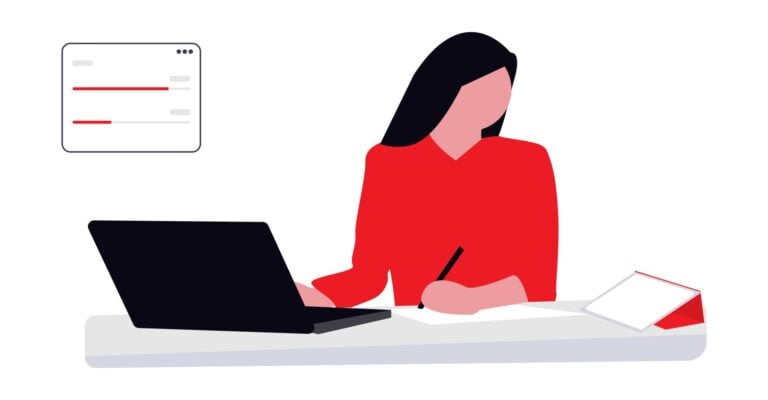 An illustration of a professional woman in a red shirt multitasking at a desk with a laptop and legal documents, representing an employment lawyer reviewing a termination pay agreement.