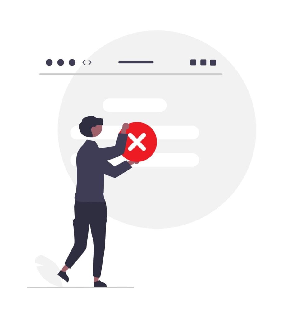 An illustration of a person holding a large red circle with a white X over a light gray web browser interface.