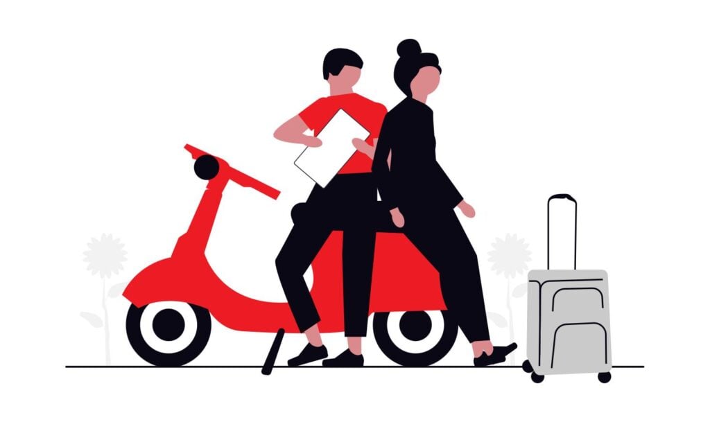 Minimalist flat illustration of two people with a red scooter and a suitcase, representing an employee's right to take vacation time or a protected leave of absence in Ontario.