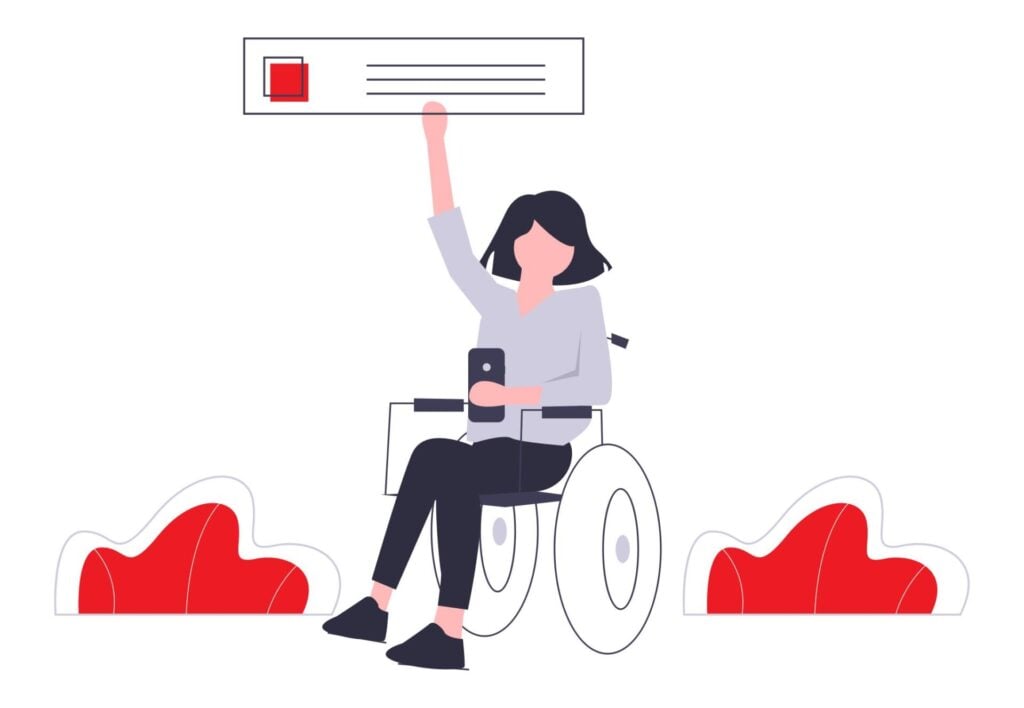 An illustration of a professional woman using a wheelchair while interacting with a digital interface, representing workplace accessibility and an employer's duty to accommodate.