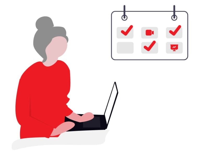 An illustration of an older woman with grey hair sitting at a laptop, with a calendar in the background showing checked-off tasks, representing the career longevity and legal rights of older employees facing termination in Ontario.