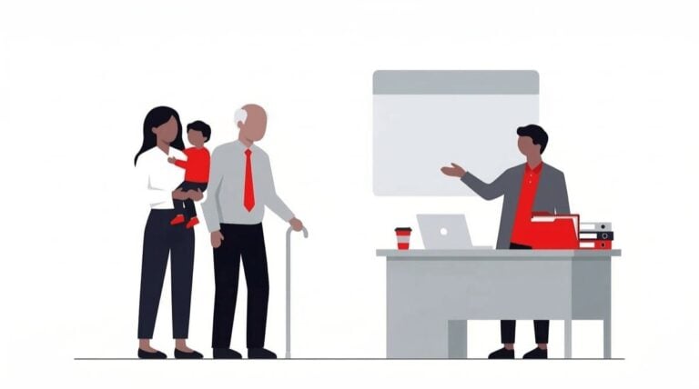 Flat vector illustration featuring a mother holding a child and an elderly person with a cane, with a lawyer in the background with a red accent, all on a white background.