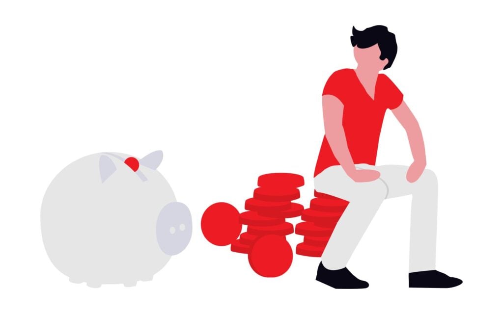 An illustration of a man sitting on stacks of coins next to a large piggy bank, representing the financial decision between receiving a lump sum payment or salary continuance after termination in Ontario.
