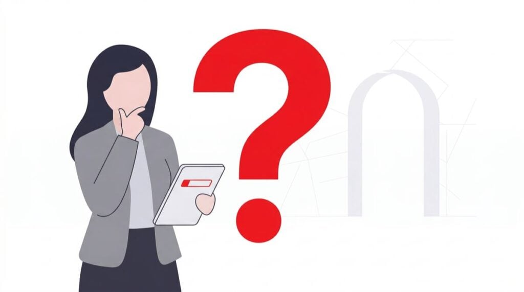 A flat, minimalist vector illustration of a thoughtful professional holding a tablet next to a large red question mark, representing an employer's duty to inquire about workplace accommodation.