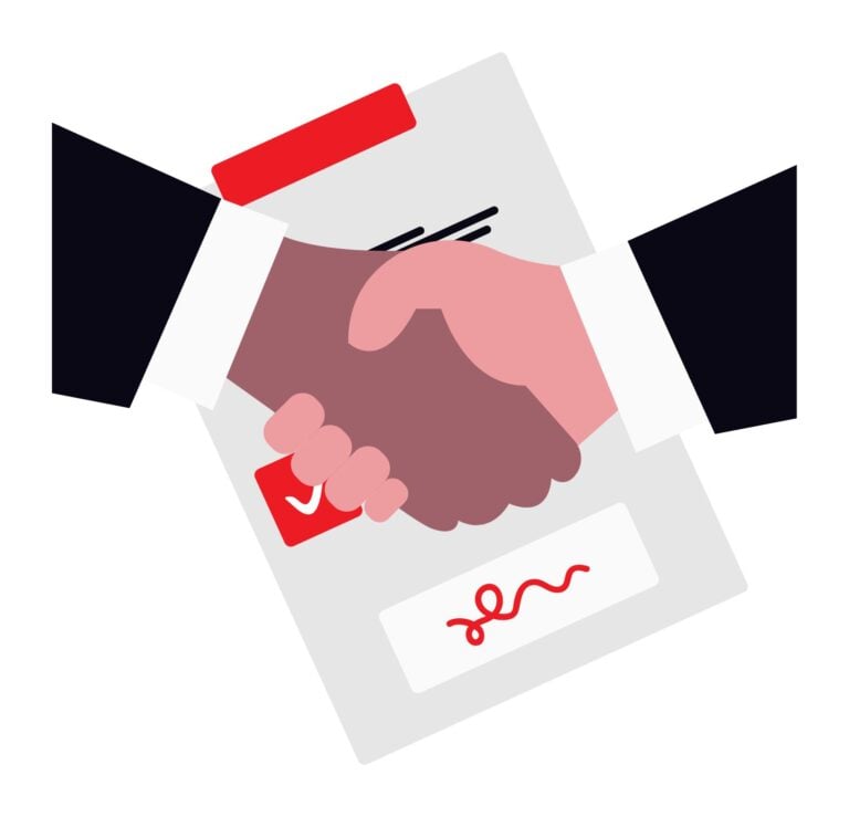 A handshake over a signed employment contract, illustrating a confidentiality agreement and non-disclosure clause between an employer and employee in Ontario.