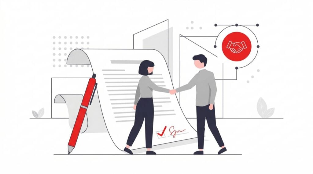 A flat vector unDraw style illustration showing two people shaking hands over a signed document with a red pen, representing a finalized employment settlement agreement in Ontario.