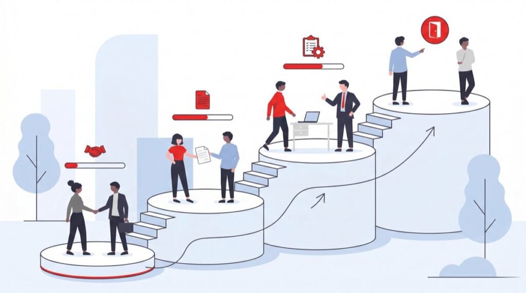 A flat vector illustration in unDraw style showing the steps of progressive discipline in an Ontario workplace, featuring escalatory stages from a verbal warning to a final meeting with red accent colours.