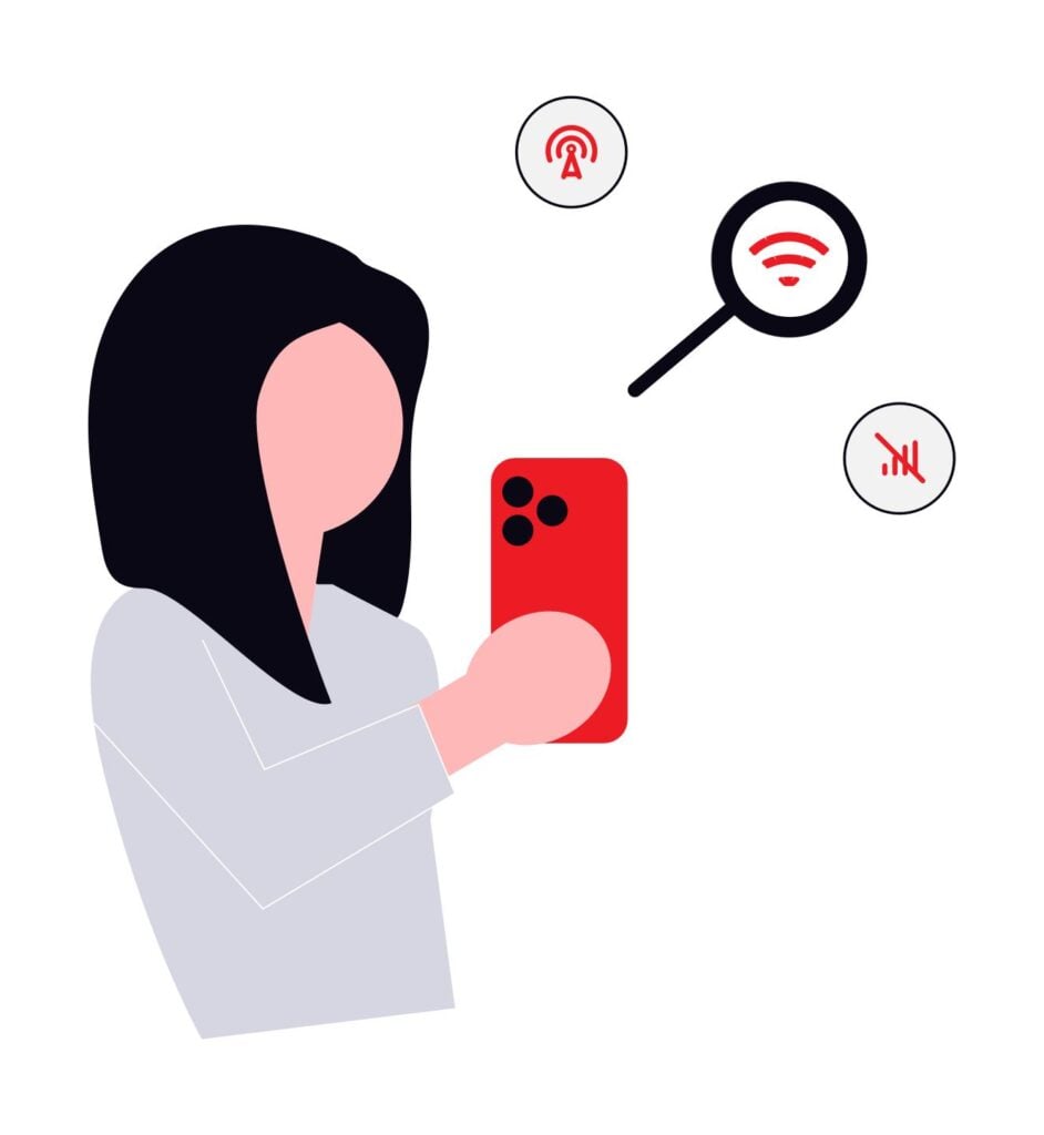 An illustration of an employee holding a red smartphone with icons for wireless signal and no-signal, symbolising the legal right to disconnect from work-related communications, such as emails and phone calls, outside of work hours in Ontario.