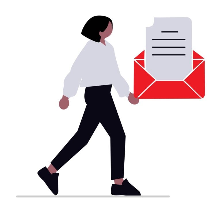 A person carrying a large red envelope containing a formal termination letter, illustrating the first steps to take after being dismissed from a job in Ontario.