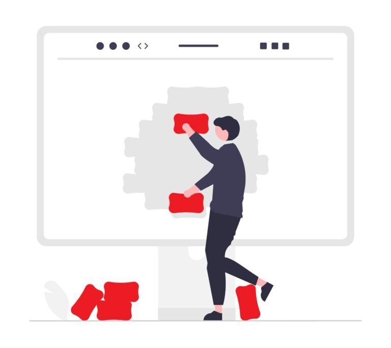 Illustration of a professional restructuring a digital framework, representing workplace reorganization and employment law compliance in Ontario.