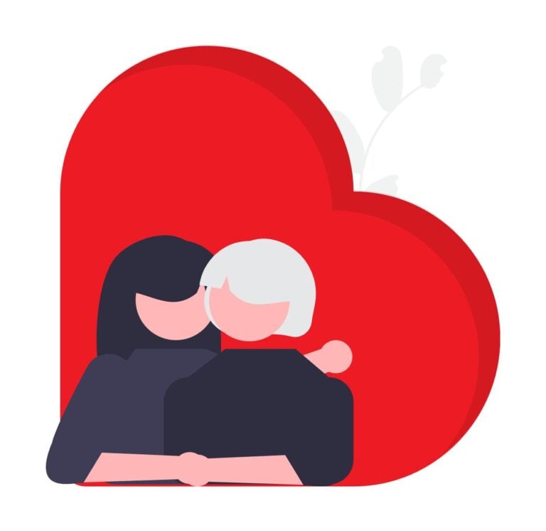 A stylized illustration of a couple embracing in front of a large, bold red heart symbol.