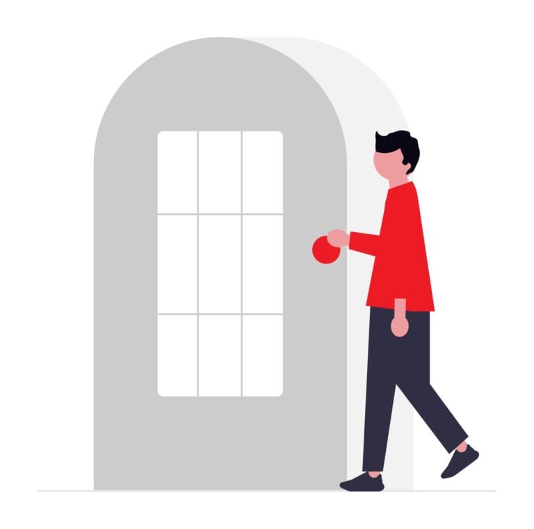 A stylized illustration of a person in a red shirt reaching out to open a large, white glass paneled door.