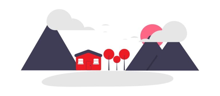A flat illustration of a quiet house near mountains, representing a peaceful retirement lifestyle
