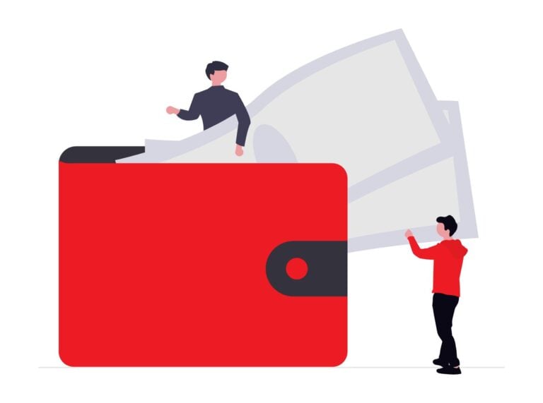People interacting with a large red wallet filled with cash representing severance pay in Ontario.