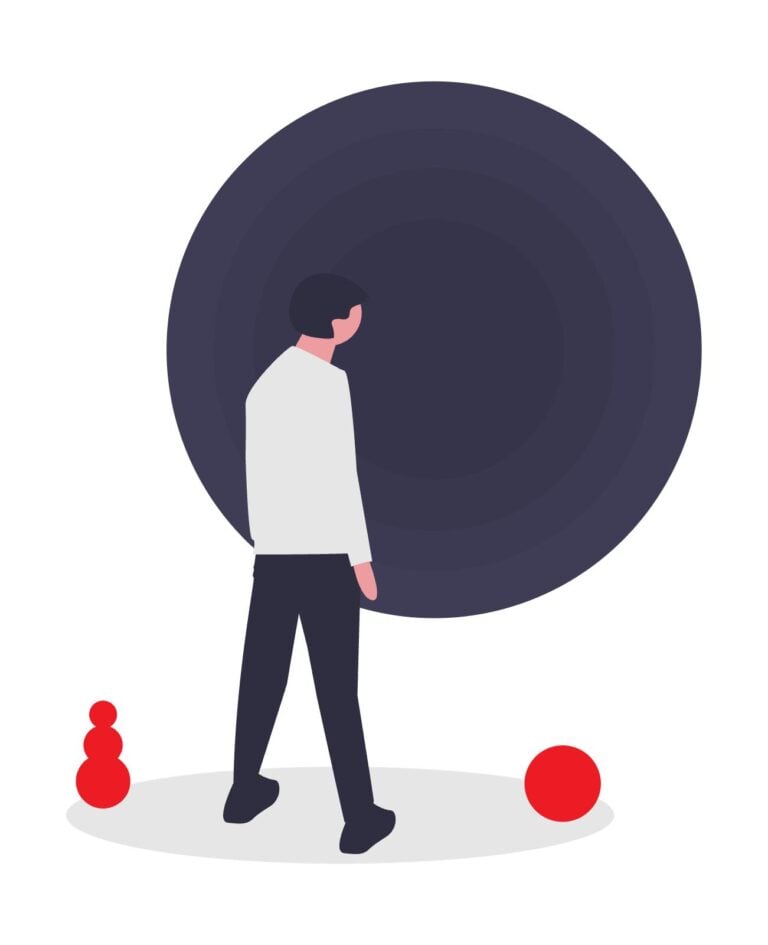 Illustration of an employee facing a dark void, representing workplace uncertainty and legal issues.