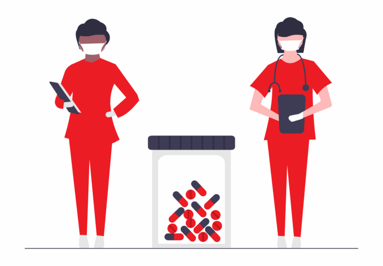 Illustration of two healthcare workers in red scrubs with masks standing beside a large bottle of pills.