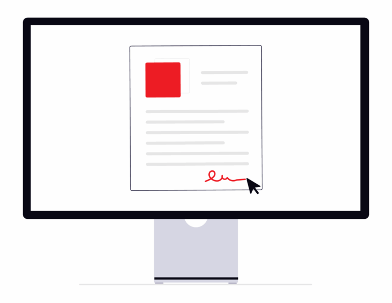 Illustration of a digital employment contract on a monitor screen, highlighting implied terms and a red signature.