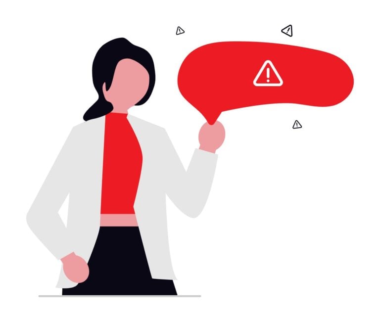 Illustration of a person next to a red speech bubble containing a warning symbol